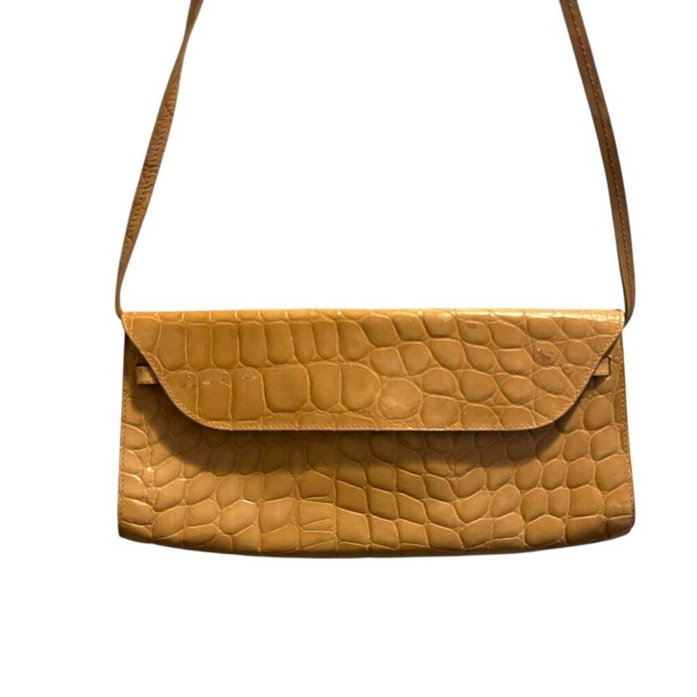 FURLA Genuine Leather Croc Satchel Handbag Crossbody Purse Clutch Bag Tan
